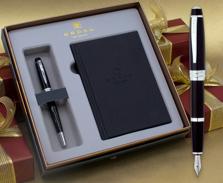 Cross Bailey Fountain Pen - Black Lacquer Chrome Trim in Luxury Gift Box with Free Notebook