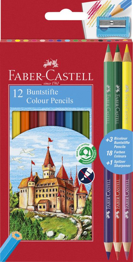 Faber-Castell Classic Colour Pencils - Set of 12 + 3 Bicolour Pencils + Sharpener