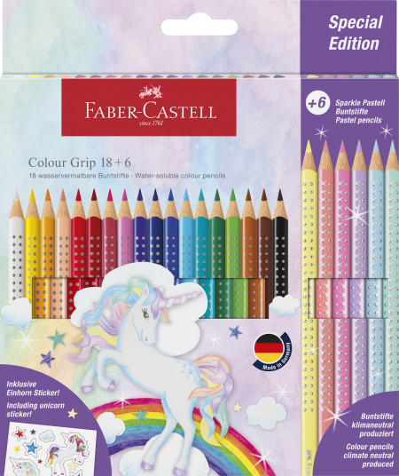 Faber-Castell Grip Coulour Pencils - Unicorn (Pack of 18) + 6 Pastel