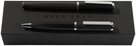 Hugo Boss Formation Fountain & Ballpoint Pen Set - Herringbone Black Chrome Trim