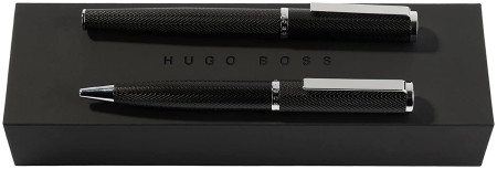 Hugo Boss Formation Fountain & Ballpoint Pen Set - Herringbone Black Chrome Trim