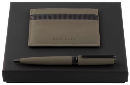 Hugo Boss Gear Ballpoint Pen Gift Set - Matrix Khaki with Card Holder