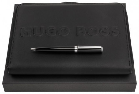 Hugo Boss Gear Ballpoint Pen Gift Set - Black Chrome Trim with Conference Folder