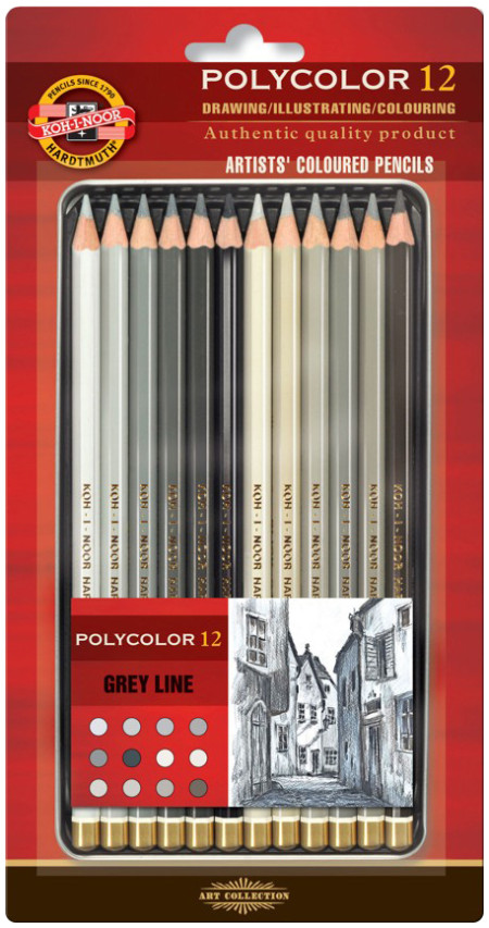 Koh-I-Noor 3822 Coloured Pencils - Assorted Grey Colours (Blister Tin of 12)