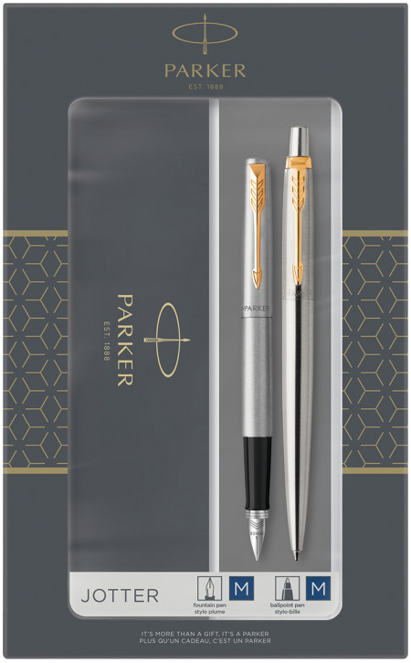 Parker Jotter Fountain & Ballpoint Pen Gift Set - Stainless Steel Gold Trim