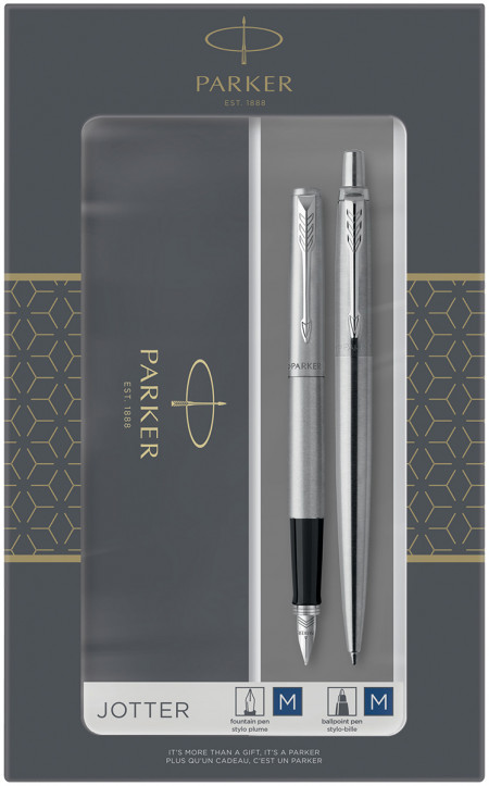 Parker Jotter Fountain & Ballpoint Pen Gift Set - Stainless Steel Chrome Trim