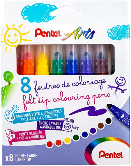 Pentel Arts Colouring Fibre Tip Pens - Broad (Pack of 8)