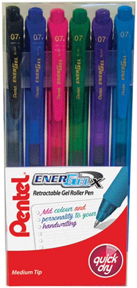 Pentel EnerGel X Retractable Rollerball Pen - Assorted Colours (Wallet of 6)