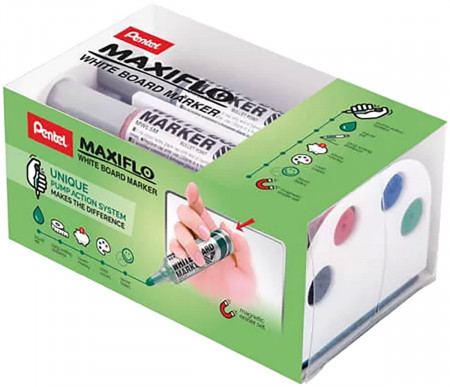 Pentel Maxiflo Medium Bullet Tip Whiteboard Marker & Magic Eraser Set (Pack of 4)