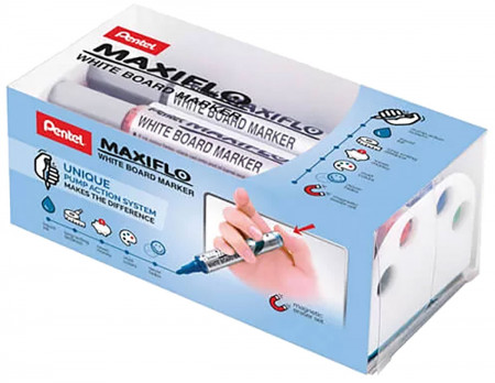 Pentel Maxiflo Fine Bullet Tip Whiteboard Marker & Magic Eraser Set (Pack of 4)