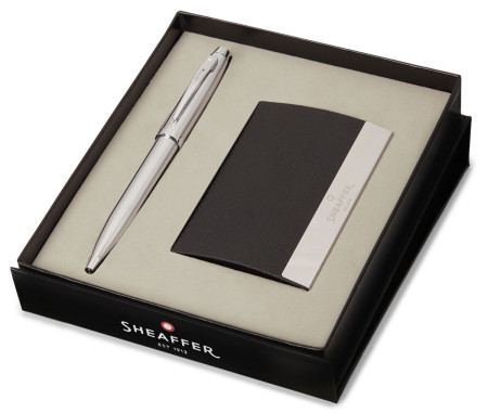 Sheaffer 100 Ballpoint Pen Gift Set - Brushed Chrome with Business Card Holder