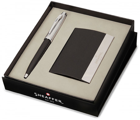 Sheaffer 100 Ballpoint Pen Gift Set - Gloss Black & Chrome with Business Card Holder