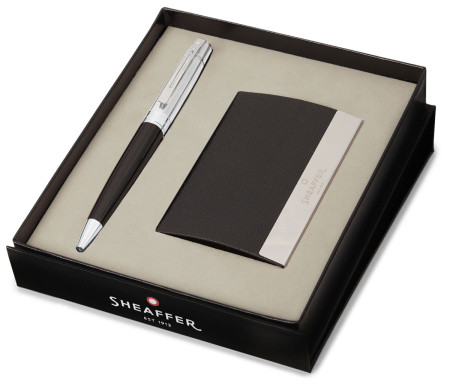 Sheaffer 100 Ballpoint Pen Gift Set - Matte Black Chrome Trim with Business Card Holder