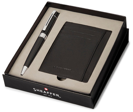 Sheaffer 300 Ballpoint Pen Gift Set - Gloss Black Chrome Trim with Credit Card Holder