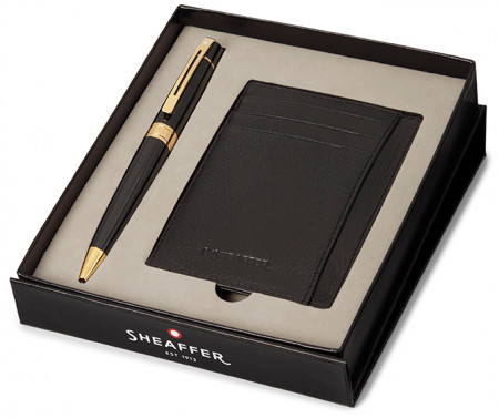 Sheaffer 300 Ballpoint Pen Gift Set - Gloss Black Gold Trim with Credit Card Holder