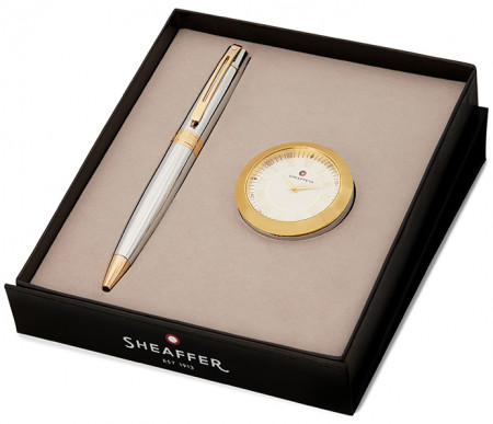 Sheaffer 300 Ballpoint Pen Gift Set - Bright Chrome Gold Trim with Table Clock