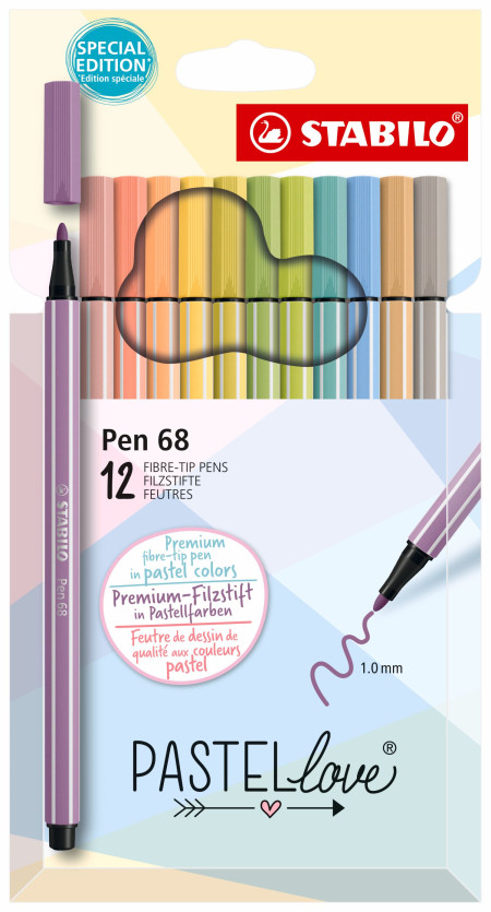 STABILO Pen 68 Premium Fibre-Tip Pen - Pastellove Set - Pack of 12 - Assorted Colours