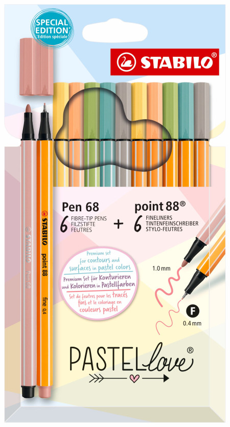 STABILO Pastelove Pen Set - Point 88 & Pen 68 - Pack of 12 - Assorted Colours