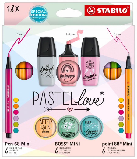 STABILO Pastelove Pen Set -  Point 88 Mini, Pen 68 Mini & BOSS MINI - Pack of 18 - Assorted Colours