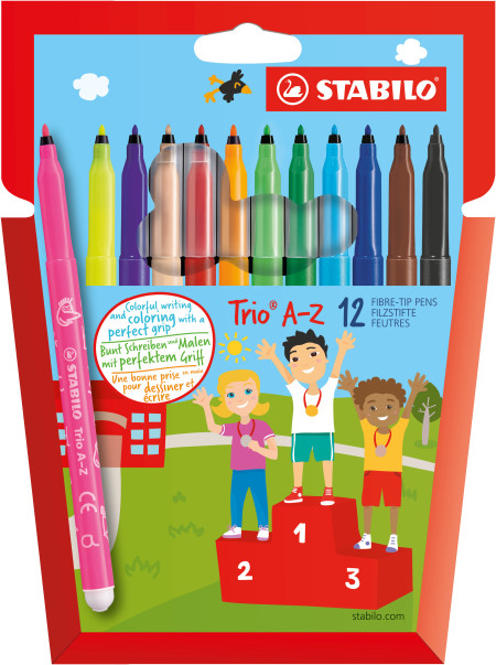 STABILO Trio A-Z Fibre Tip Pen - Wallet of 12 - Assorted Colours Incl 2 Neon