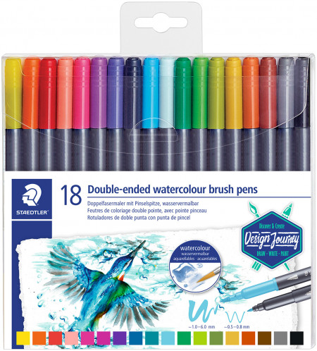 Staedtler Double Ended Watercolour Brush Pen - Assorted Colours (Pack of 18)