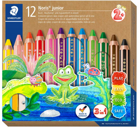 Staedtler Noris Junior Colouring Pencils & Sharpener - Assorted Colours (Pack of 12)