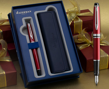 Waterman Expert Fountain Pen - Essential Dark Red Chrome Trim in Luxury Gift Box with Free Pen Pouch