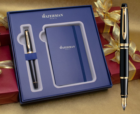 Waterman Expert Fountain Pen - Black Gold Trim in Luxury Gift Box with Free Notebook