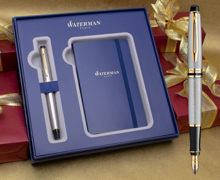 Waterman Expert Fountain Pen - Stainless Steel Gold Trim in Luxury Gift Box with Free Notebook