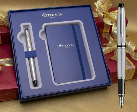 Waterman Expert Fountain Pen - Stainless Steel Chrome Trim in Luxury Gift Box with Free Notebook