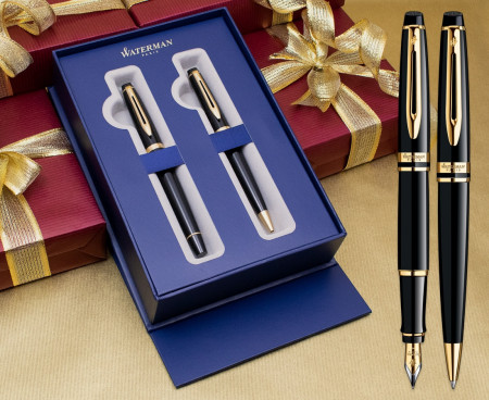 Waterman Expert Fountain & Ballpoint Pen Set - Black Gold Trim in Luxury Gift Box