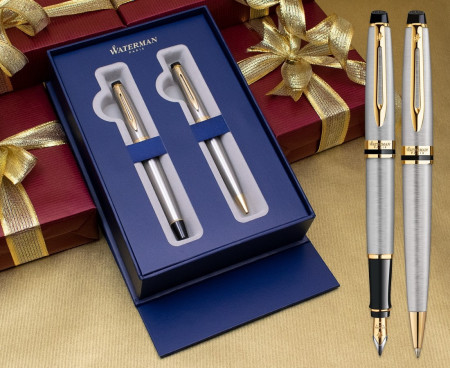 Waterman Expert Fountain & Ballpoint Pen Set - Stainless Steel Gold Trim in Luxury Gift Box