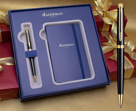 Waterman Hemisphere Ballpoint Pen - Gloss Black Gold Trim in Luxury Gift Box with Free Notebook