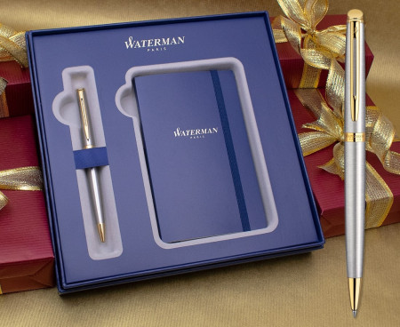 Waterman Hemisphere Ballpoint Pen - Stainless Steel Gold Trim in Luxury Gift Box with Free Notebook
