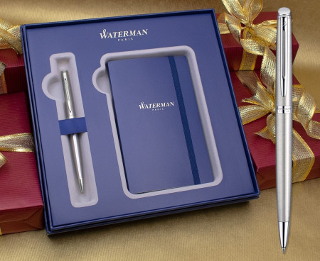 Waterman Hemisphere Ballpoint Pen - Stainless Steel Chrome Trim in Luxury Gift Box with Free Notebook