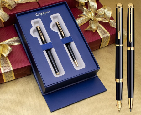 Waterman Hemisphere Fountain & Ballpoint Pen Set - Gloss Black Gold Trim in Luxury Gift Box