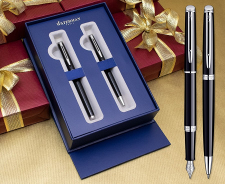 Waterman Hemisphere Fountain & Ballpoint Pen Set - Gloss Black Chrome Trim in Luxury Gift Box