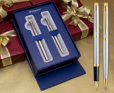 Waterman Hemisphere Fountain & Ballpoint Pen Set - Stainless Steel Gold Trim in Luxury Gift Box