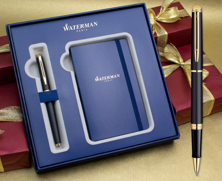 Waterman Hemisphere Rollerball Pen - Matte Black Gold Trim in Luxury Gift Box with Free Notebook