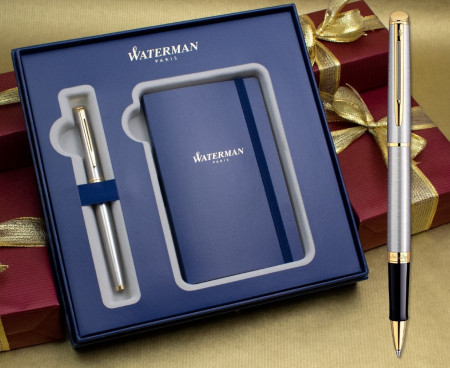 Waterman Hemisphere Rollerball Pen - Stainless Steel Gold Trim in Luxury Gift Box with Free Notebook