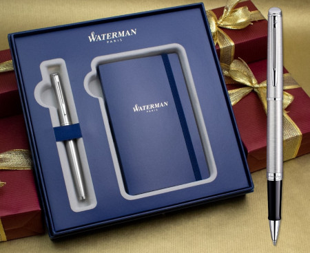 Waterman Hemisphere Rollerball Pen - Stainless Steel Chrome Trim in Luxury Gift Box with Free Notebook