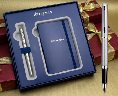 Waterman Hemisphere Rollerball Pen - Stainless Steel Chrome Trim in Luxury Gift Box with Free Notebook