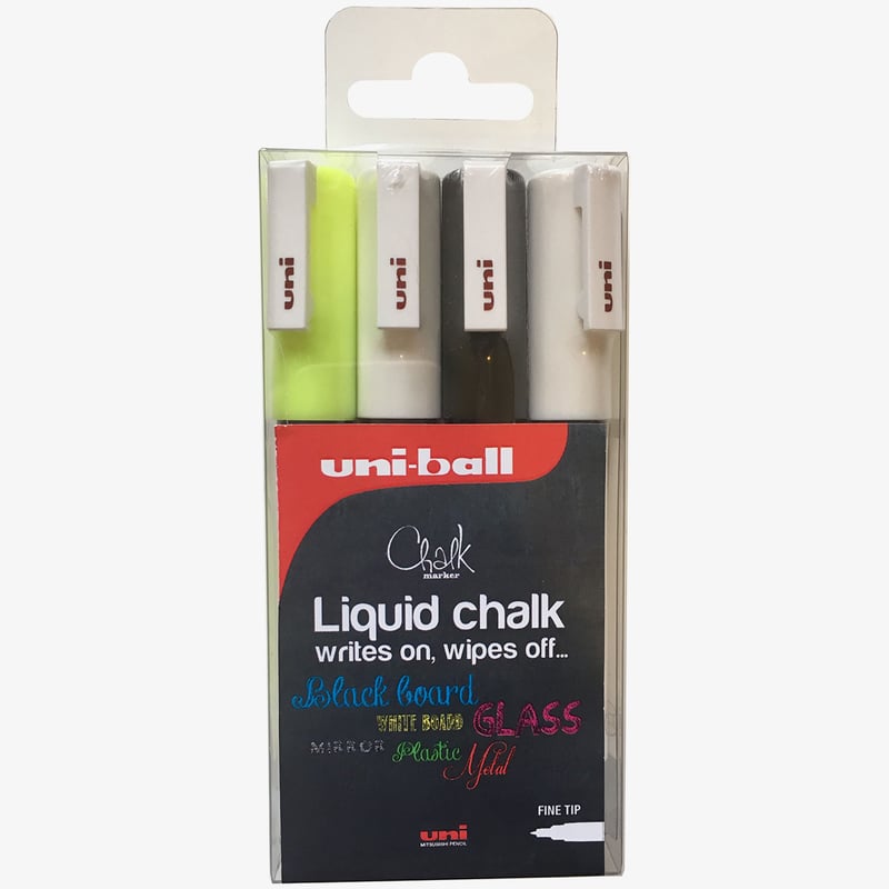 Uni-Ball Uni-Ball PWE-3MS ChalkGlass Markers - Bullet Tip - Assorted Colours (Pack of 4)