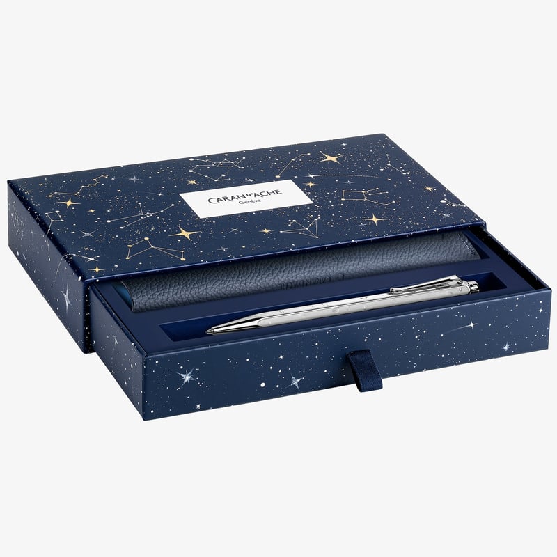 Caran d'Ache Caran d'Ache Ecridor Ballpoint Pen Gift Set - Chrome with Cosmic Blue Leather Pen Pouch
