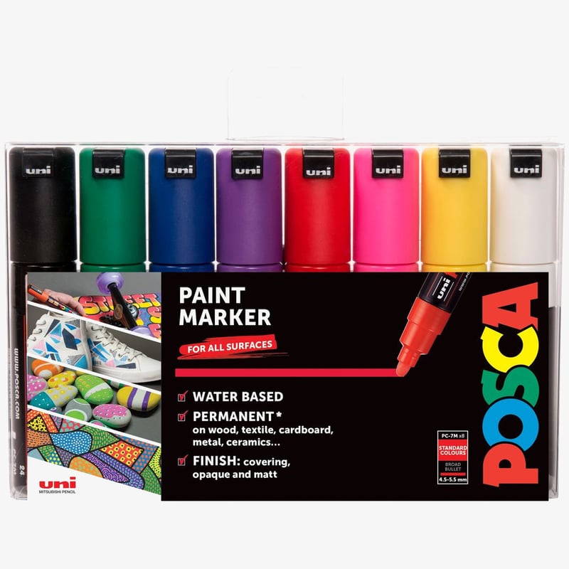 Uni-Ball POSCA PC-7M Broad Bullet Tip Marker Pens - Starter Colours (Pack of 8)