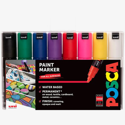 Uni-Ball POSCA PC-7M Broad Bullet Tip Marker Pens - Starter Colours (Pack of 8)