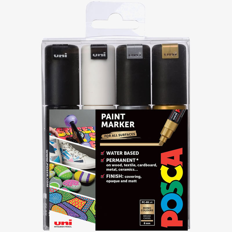 Uni-Ball POSCA PC-8K Broad Chisel Tip Marker Pens - Mono Tone Colours (Pack of 4)