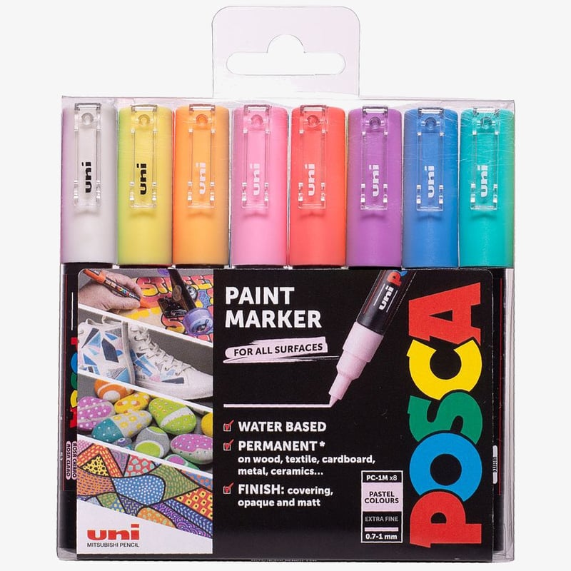 Uni-Ball POSCA PC-1M Extra-Fine Bullet Tip Marker Pens - Pastel Colours (Pack of 8)