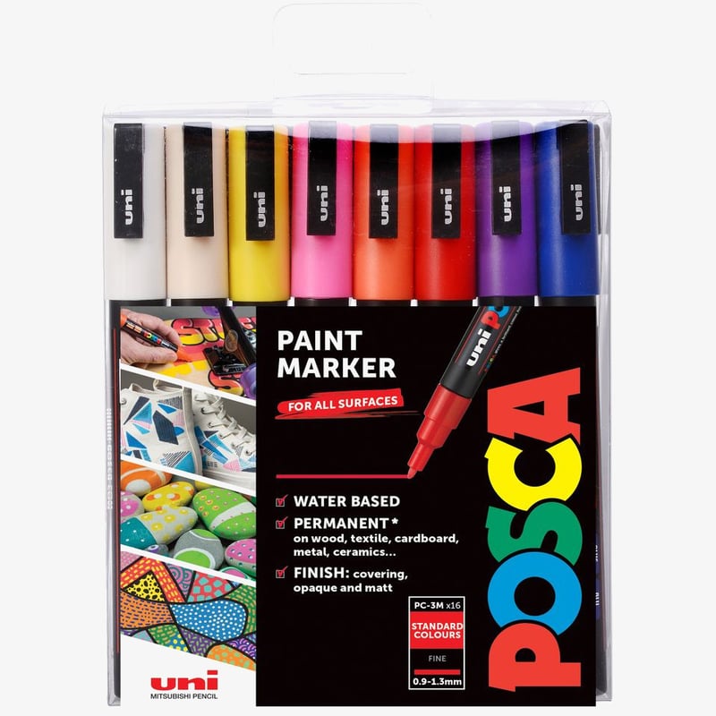 Uni-Ball POSCA PC-3M Fine Bullet Tip Marker Pens - Assorted Colours (Pack of 16)