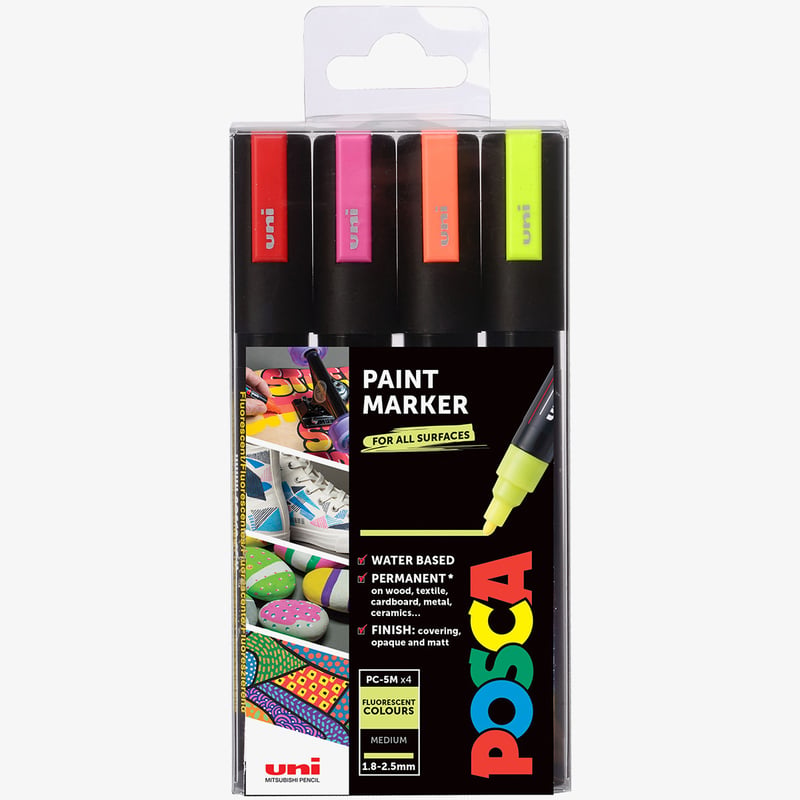 Uni-Ball POSCA PC-5M Medium Bullet Tip Marker Pens - Fluorescent Colours (Pack of 4)